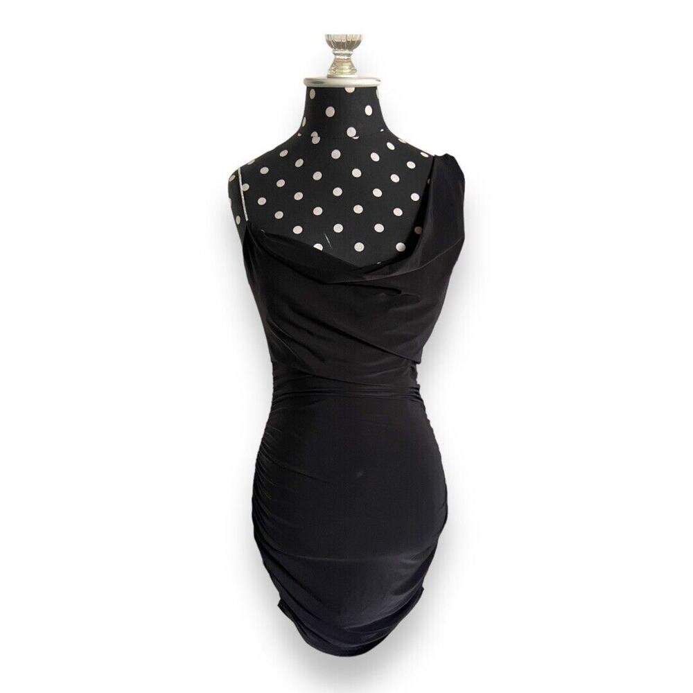 Charlotte Russe Womens Dress Sz M Black Draped Bodycon Silver Strap Ruched NEW
